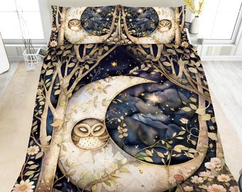 Moon Owl Woodland Bedding Set, Enchanted Fairytale Forest Celestial Decor, Whimsical Animal Night Sky Duvet Cover, Comforter or Quilt Set