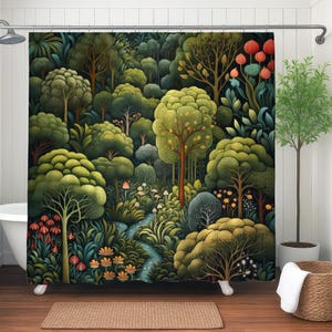 Mystical Enchanted Forest Shower Curtain, Forest Bathroom Decor, Interior Design Luxury Water Resistant Weighted Fabric Shower Curtain