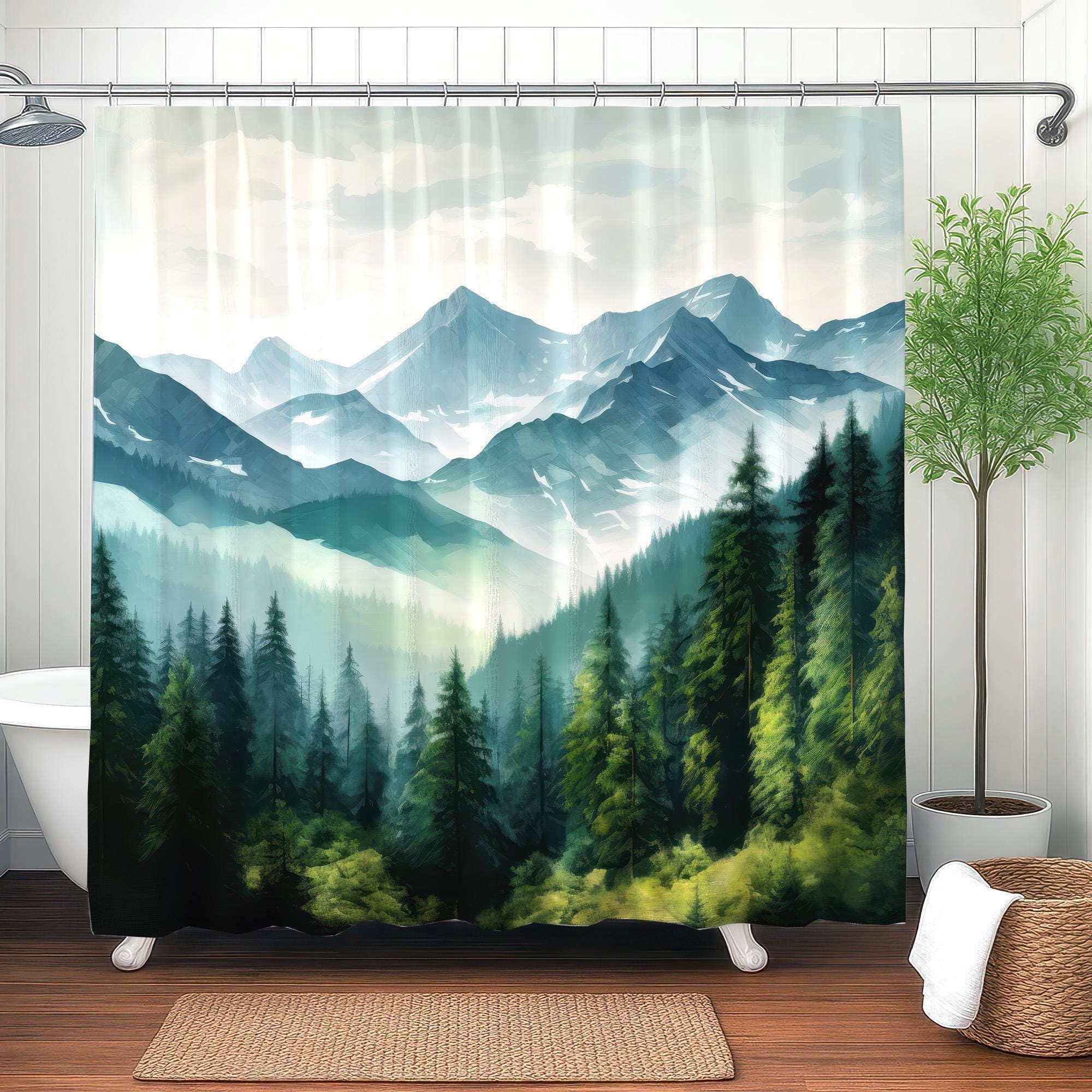 Miffrank Misty Forest Shower Curtain Nature Fall Shower Curtain Sets,Waterproof Polyester Fabric with 12 Hooks,72×72 in