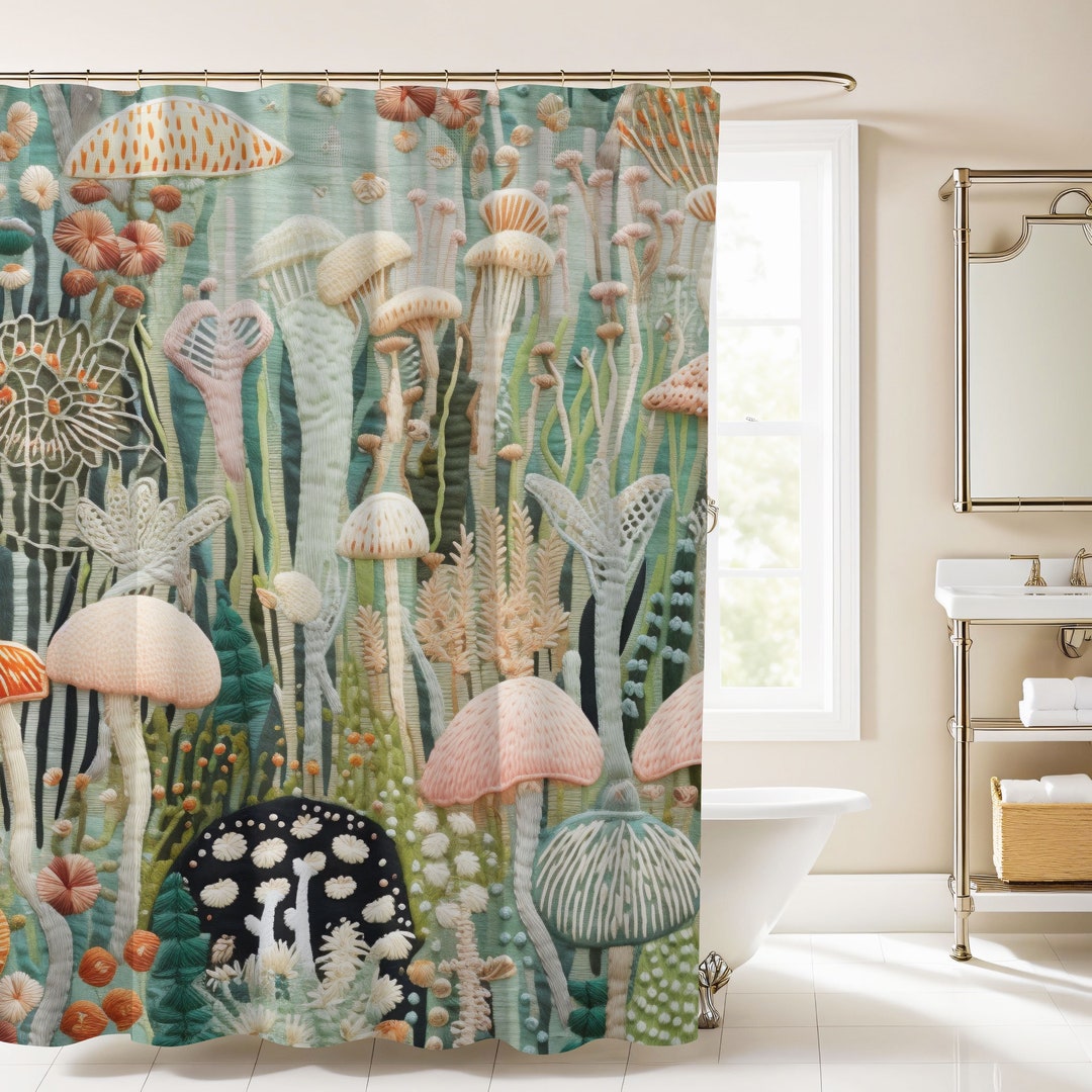 Sage Green Mushroom Shower Curtain Embroidered Effect NOT Embroidered