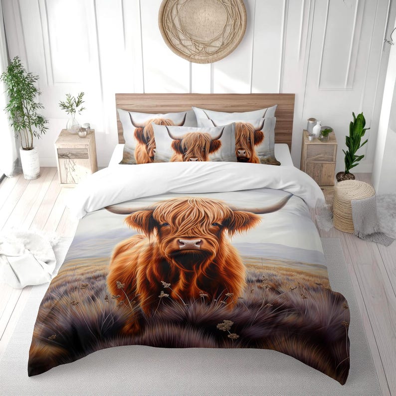 Rustic Highland Cow Bedding Set, Highland Cow Art Decor, Farmhouse Cottage Duvet Cover, Comforter or Quilt Set image 4