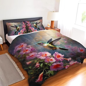 Hummingbird Garden Bedding Set, Gift for Hummingbird Lovers, Hummingbird Decor Bedspread Available as Duvet Cover, Comforter or Quilt Set