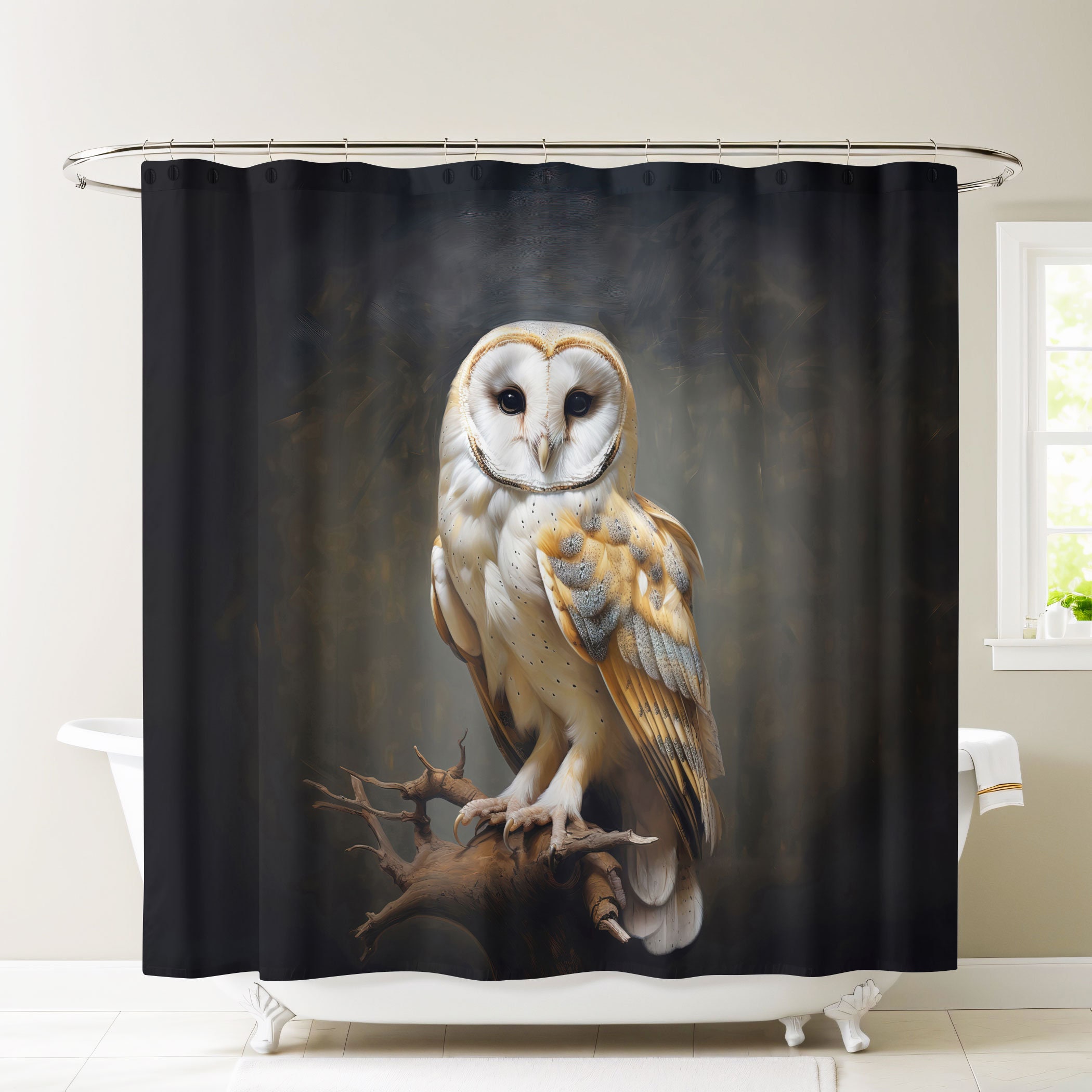 Regal Owl Shower Curtain, Forest Bathroom Decor, Luxury Fabric Water Resistant Weighted Shower Curta
