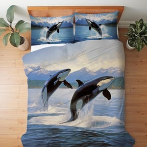 Majestic Orca Bedding Set, Breaching Killer Whale Mountain Ocean Decor, Gift for Orca Lover Duvet Cover or Comforter Set