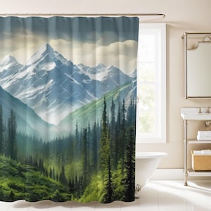 Rideau de douche en pins des montagnes robustes, décoration de salle de bain en forêt, rideau de douche en tissu lesté résistant à l&#39;eau montagne brumeuse
