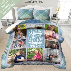 Custom Personalized Photo Bedding Set, Comforter, Quilt or Duvet Set, Personalized with your photos and text!  Unique Gift! Blue Plaid