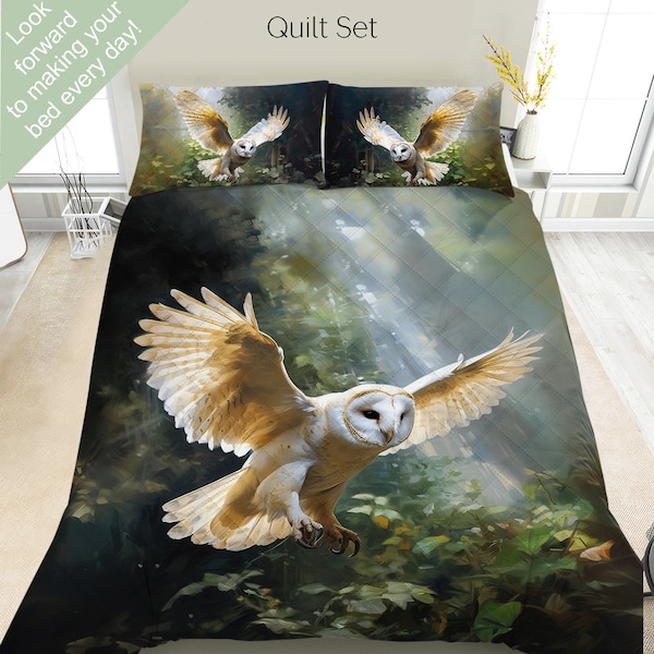 Flying Barn Owl Bedding Set, Duvet Set, Comforter Set Or Quilt Set, Owl Decor, Gift for Owl Lovers, Wildlife Rustic Cabin Decor, Flying Owl