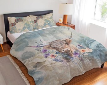 Watercolor Highland Cow Floral Bedding Set, Rustic Farmhouse Decor, Cottagecore Vintage Style Duvet Cover, Comforter or Quilt Set