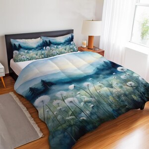 Moody Twilight Mountain Meadow Bedding Set - Whimsical Watercolor Dandelion Duvet Cover or Comforter Set