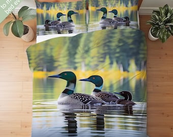 Loon-beddengoed Dekbedset Dekbedset of quiltset, Wildlife Decor Loon-cadeau, hut rustiek Lake House-decor, North Woods Mountain-decor