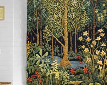 Enchanting Forest Shower Curtain, Embroidered Effect Print, Cottage Forest Bathroom Decor, Woodland Water Resistant Fabric Weighted Curtain