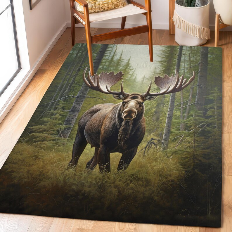 Real Moose Rug Majestic Moose Forest Area Rug, Wildlife Nature Decor, Gift for Moose ...