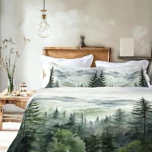 Misty Mountain Forest Bedding Set, Rustic Pine Tree Cabin Decor, Farmhouse Cottage Landscape Watercolor Duvet Cover, Comforter or Quilt Set