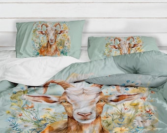 Whimsical Watercolor Goat Bedding Set, Floral Meadow Farmhouse Cottage Decor, Gift for Goat Lover Duvet Cover, Comforter or Quilt Set