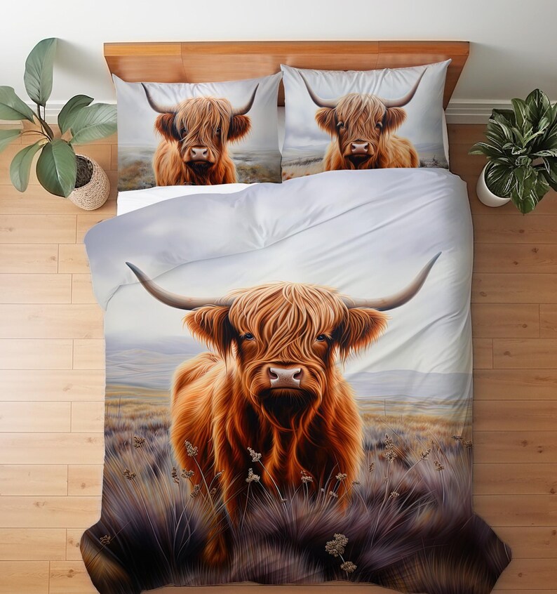 Rustic Highland Cow Bedding Set, Highland Cow Art Decor, Farmhouse Cottage Duvet Cover, Comforter or Quilt Set image 19