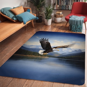 Majestic Flying Bald Eagle Area Rug, Original Bald Eagle Art, Eagle Decor, Eagle Rug, Eagle Carpet, Gift for Bald Eagle Lovers Nature Forest