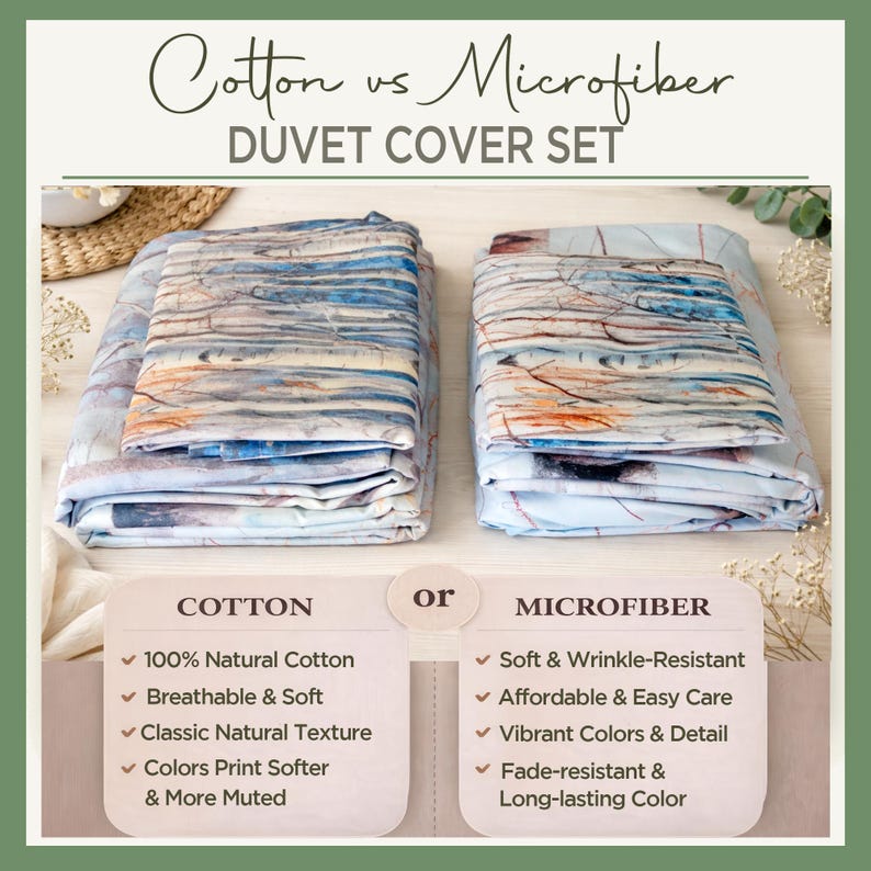 two duvet covers, one made of cotton and the other made of microfiber, with a comparison of their features and benefits.