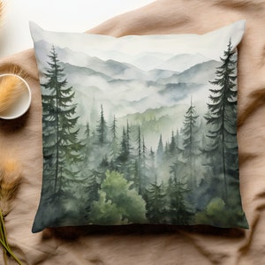 Copricuscino con motivo a foresta nebbiosa, copricuscino con motivo a foresta di pini, federa per cuscino, decorazione naturale, elegante decorazione da cabina
