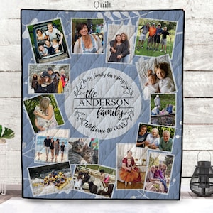 Custom Photo Quilt, Blanket or Wall Hanging, Memory Picture Blanket, Features YOUR Photos and Any Text! Blue Foliage Unique Photo Blanket