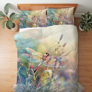 Dreamy Dragonfly Wildflower Bedding Set, Boho Nature Damselfly Decor, Ethereal Floral Meadow Duvet Cover, Comforter or Quilt Set