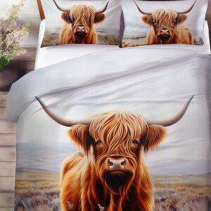 Rustic Highland Cow Bedding Set, Highland Cow Art Decor, Farmhouse Cottage Duvet Cover, Comforter or Quilt Set image 5
