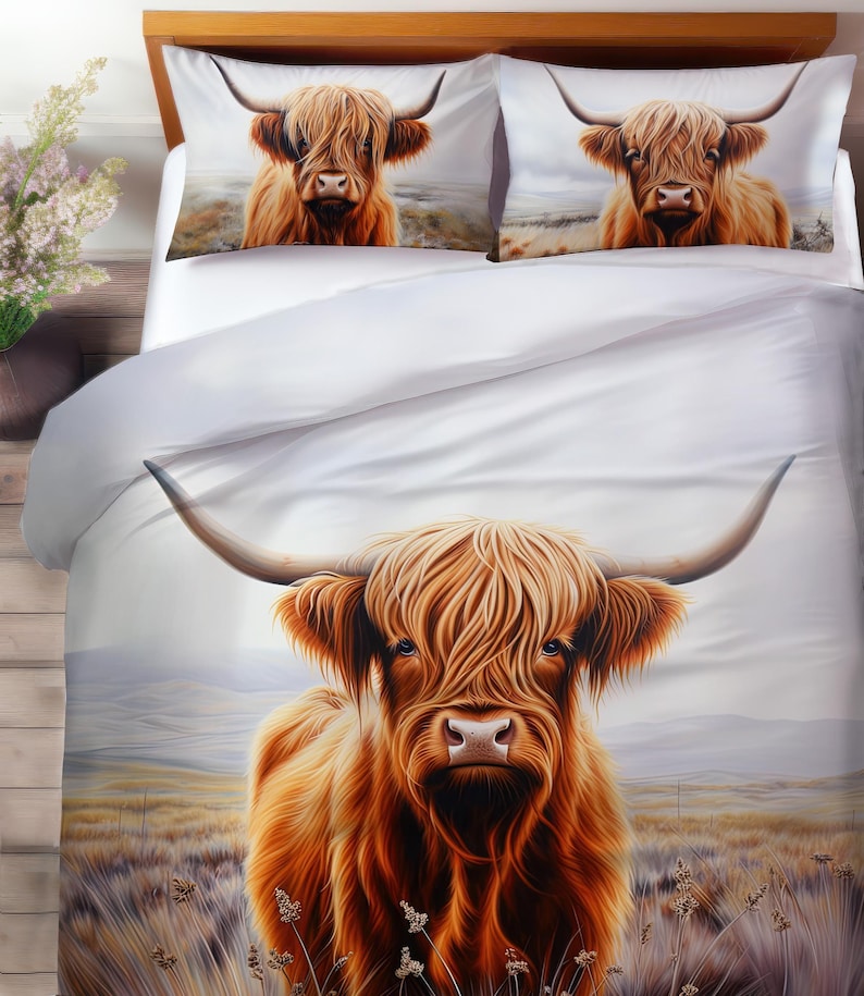 Rustic Highland Cow Bedding Set, Highland Cow Art Decor, Farmhouse Cottage Duvet Cover, Comforter or Quilt Set image 5