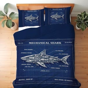 Mechanical Shark Blueprint Bedding Duvet, Comforter or Quilt Set, Custom Size Kids Shark Bedding, STEM Boys Room Decor, Marine Life Ocean