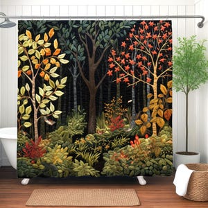 Bezaubernder Herbstwald Duschvorhang, Gestickter Effekt NICHT Gestickt, Waldbadezimmerdekor, Wasserdichter Stoffvorhang