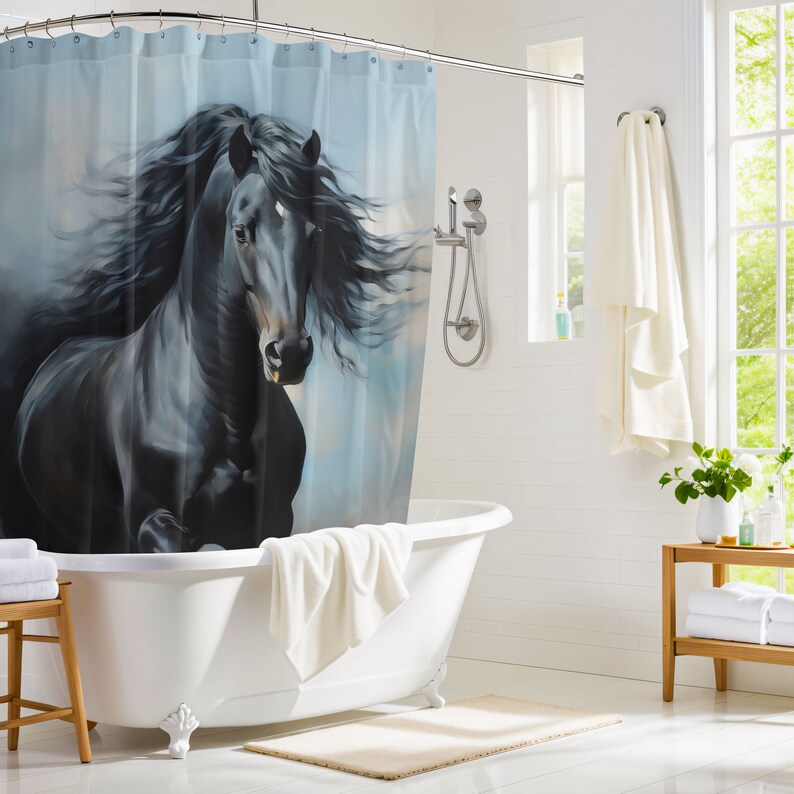 Black Horse Shower Curtain, Horse Bathroom Decor, Interior Design Luxury Water Resistant Curtain, Nature Bathroom Decor, Horse Lover Gift