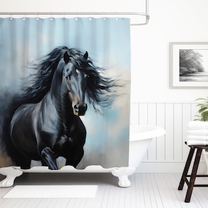 Black Horse Shower Curtain, Horse Bathroom Decor, Interior Design Luxury Weighted Shower Curtain, Nature Bathroom Decor, Horse Lover Gift