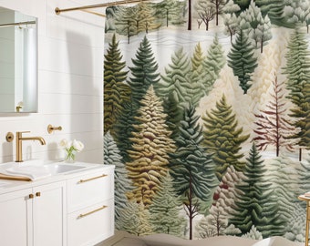 Rideau de douche forêt de pins enchanteur effet brodé, décoration de salle de bain cabane rustique, rideau de douche lesté de luxe, fausse couture