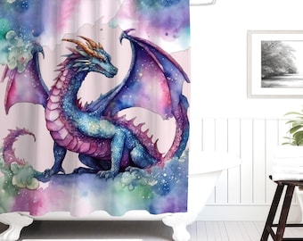 Mystical Dragon Shower Curtain, Gothic Dragon Bathroom Decor, Medieval Fantasy Dragon Fabric Weighted Shower Curtain