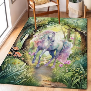 Enchanted Forest Unicorn Area Rug Carpet, Beautiful Watercolor Forest Rug, Elegant Fairytale Unicorn Decor, Colorful Whimsical Woods Fantasy