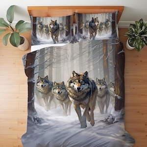 Majestic Wolf Pack Snowy Forest Bedding Set, Wildlife Cabin Rustic Decor, Gift for Wolf Lovers Duvet Cover or Comforter Set