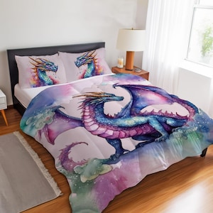 Mystical Dragon Bedding Set, Gothic Dragon Decor, Medieval Fantasy Legendary Dragon Watercolor Duvet Cover, Comforter or Quilt Set