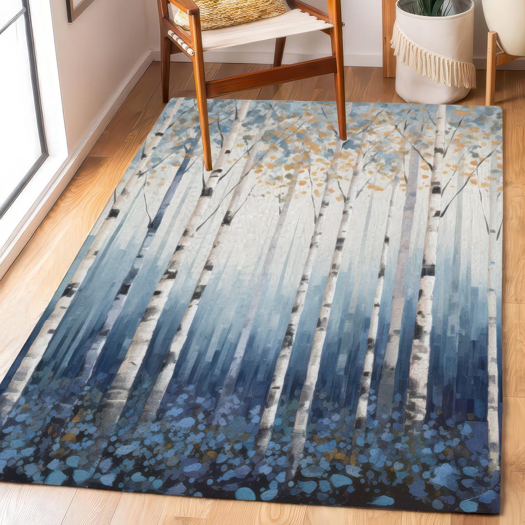 Abstract Birch Forest Area Rug, Blue & White Painterly Nature Decor ...