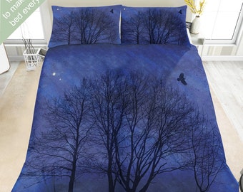 Twilight Forest Trees Bedding Set, Duvet Set, Comforter Set Or Quilt Set, Dark Forest Bedding Stars Celestial Nature Decor Forestcore Night