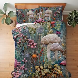 Enchanted Mushroom Bedding Set, Faux Embroidery Print Whimsical Decor, Storybook Cottage Duvet Cover or Comforter Set