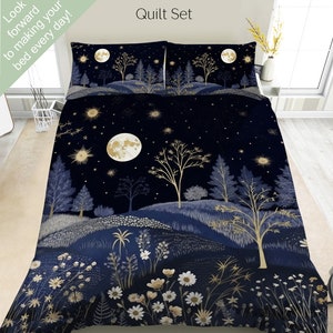 Twilight Forest Meadow Prairie Bedding Set, Duvet Set, Comforter Set Or Quilt Set, Dark Forest Bedding, Moon Stars Celestial, Nature Decor