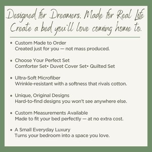 The image is a text-based description of a product designed for dreamers, made for real life. It highlights features such as custom-made to order, choice of a perfect set, microfiber, unique designs, and custom measurements. The product is described as a small everyday luxury that turns a bedroom into a space you love.