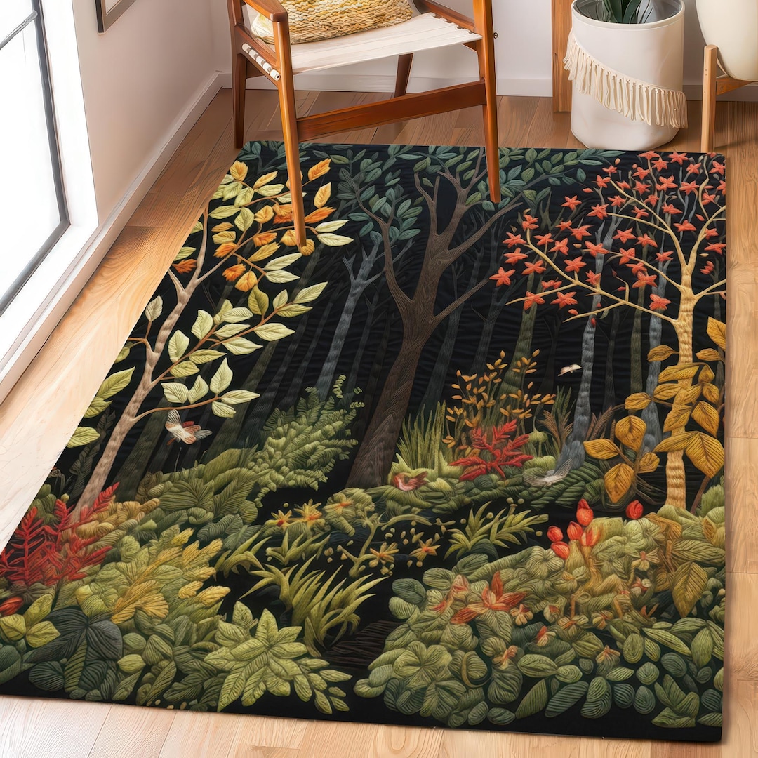 Enchanting Autumn Forest Area Rug, Botanical Woodland No Pile Carpet ...