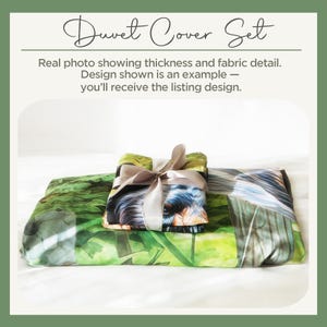 a duvet cover set with a green and white pattern, featuring a photo of the cover and a small wrapped item with a ribbon.