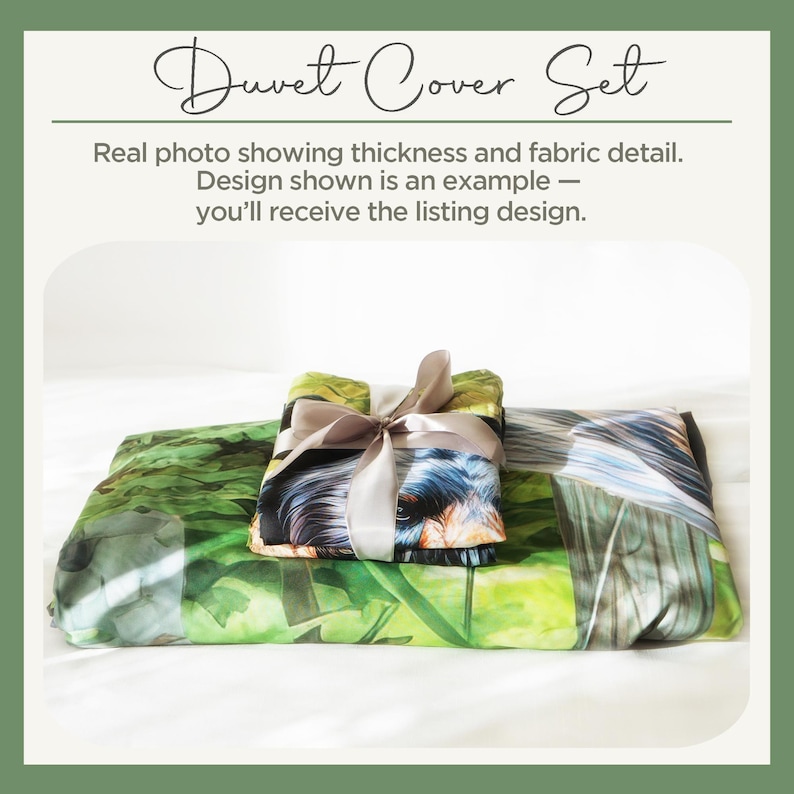 a duvet cover set with a green and white pattern, featuring a photo of the cover and a small wrapped item with a ribbon.
