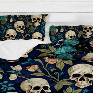 Dark Cottagecore Bedding Set, Duvet Set, Comforter Set Or Quilt Set, Gothic Floral Decor Bedding, Skull Witchy Wildflower Bedroom Decor