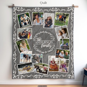 Vintage Grey Custom Photo Quilt, Blanket or Wall Hanging, Personalized Memory Blanket, Retro Style Picture Quilt Blanket, Family Memories