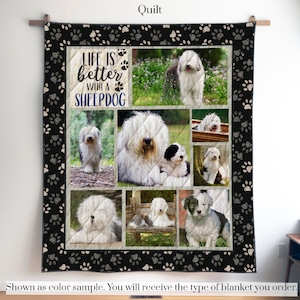 Personalized English Sheepdog Photo Quilt Blanket or Wall Hanging with your dog, Custom English Sheepdog Blanket, Gift for Bobtail Lover