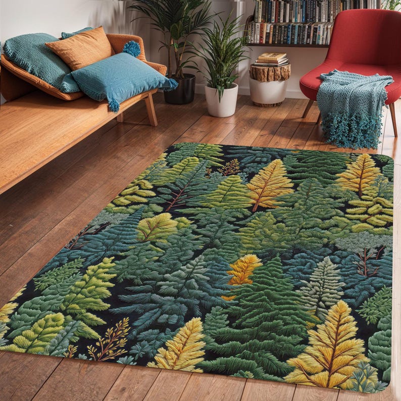 Evergreen Forest Area Rug, Faux Embroidery Print Nature Cabin Decor ...