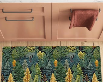 Enchanting Pine Forest Kitchen Mat Rug Landscape Decor, Non-Slip Soft Floor Comfort, Cottage Kitchen Mat Embroidery Effect NOT EMBROIDERED