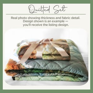 A quilted set of bedding items, including a quilted blanket and a quilted pillow, tied with a ribbon. The image shows the thickness and fabric detail of the quilted set, which is an example of the design shown.