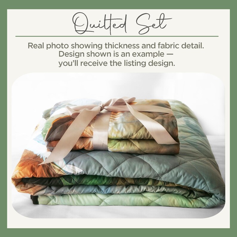 A quilted set of bedding items, including a quilted blanket and a quilted pillow, tied with a ribbon. The image shows the thickness and fabric detail of the quilted set, which is an example of the design shown.